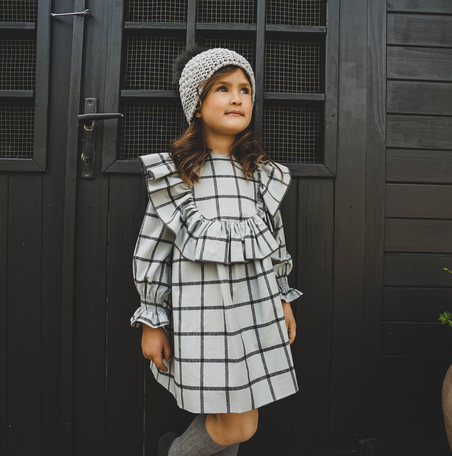 Vestido color celestón de niña manga larga con volante – Cocote