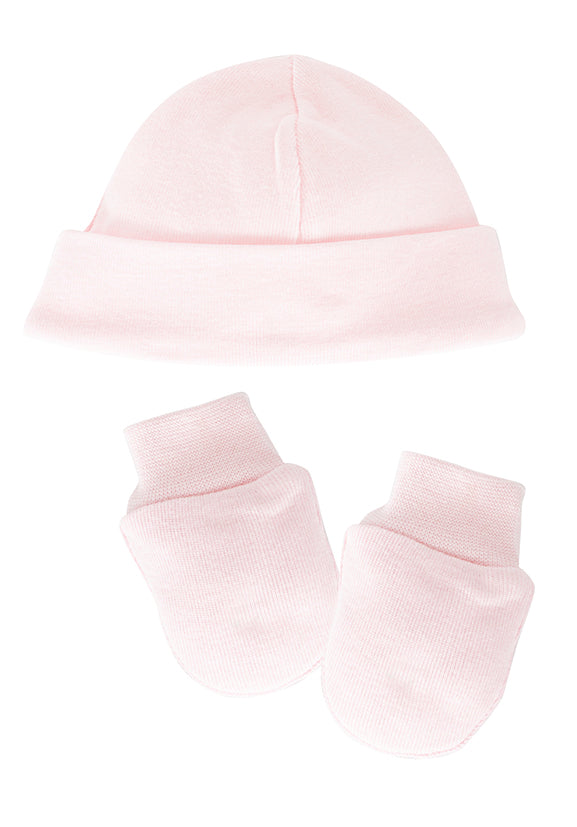Pack de nacimiento Calamaro | Gorro y manoplas rosas | 100% algodón para bebés de 0 a 6 meses