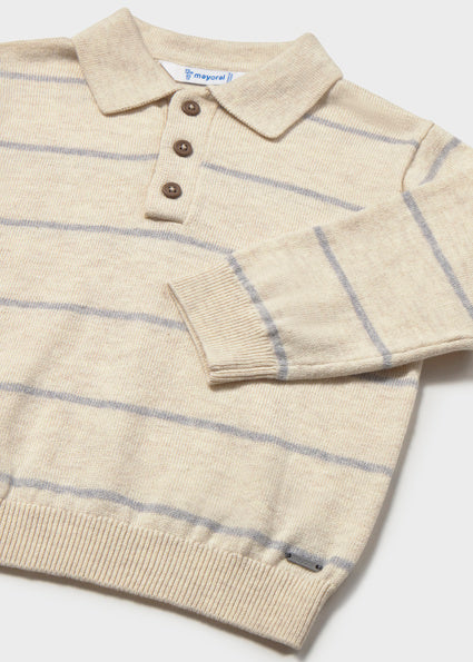 Polo de Tricot de Manga Larga en Piedra con Rayas Azules