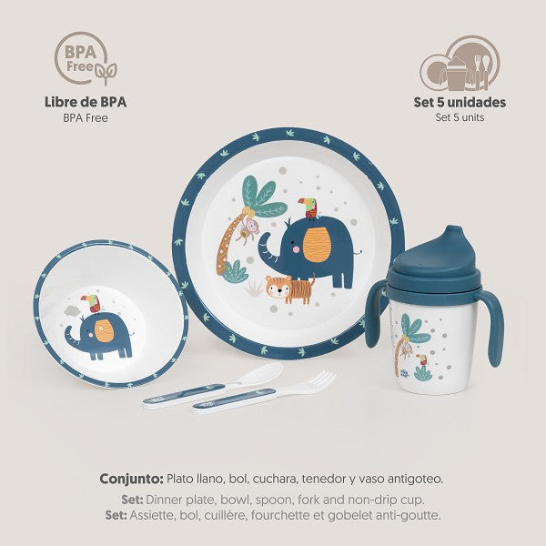 Set de vajilla de aprendizaje 5 piezas Interbaby – seguro, divertido y ergonómico para bebés en color azul