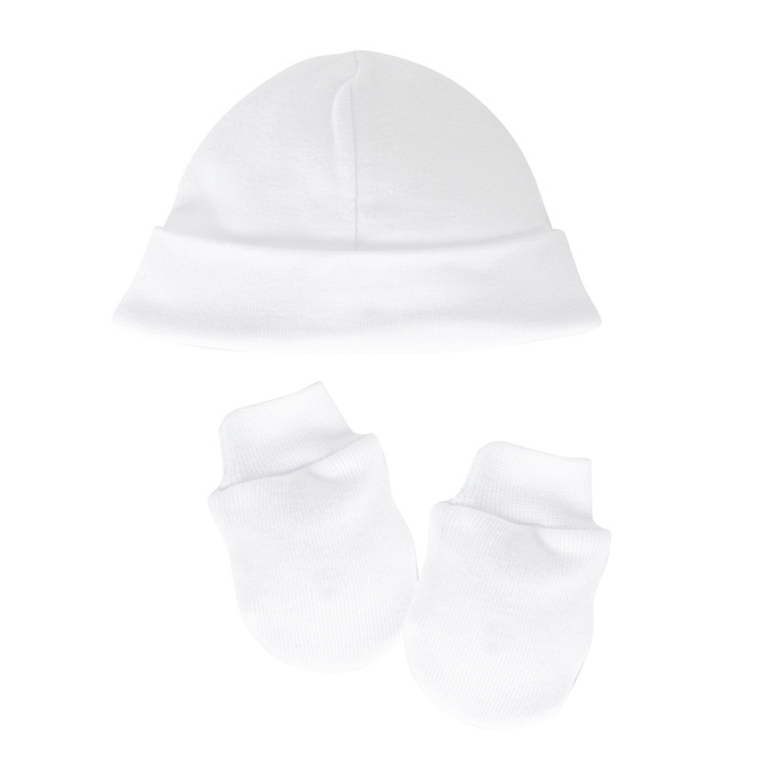 Pack de nacimiento Calamaro | Gorro y manoplas blancas | 100% algodón para bebés de 0 a 6 meses