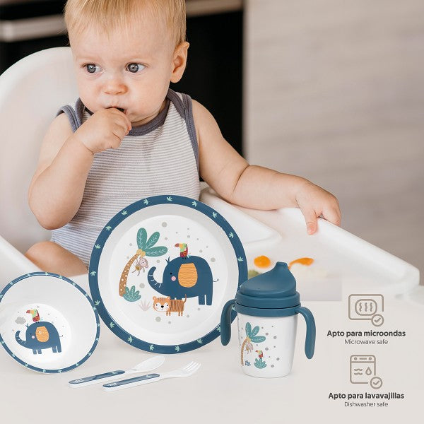 Set de vajilla de aprendizaje 5 piezas Interbaby – seguro, divertido y ergonómico para bebés en color azul