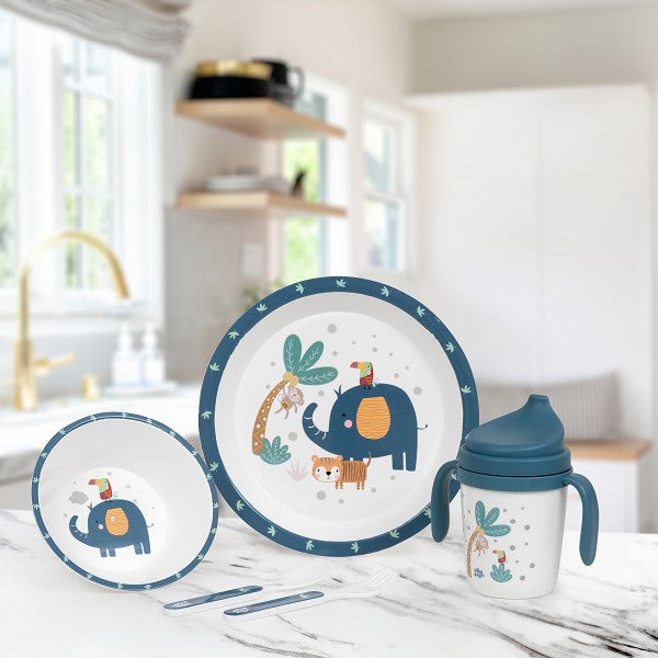 Set de vajilla de aprendizaje 5 piezas Interbaby – seguro, divertido y ergonómico para bebés en color azul