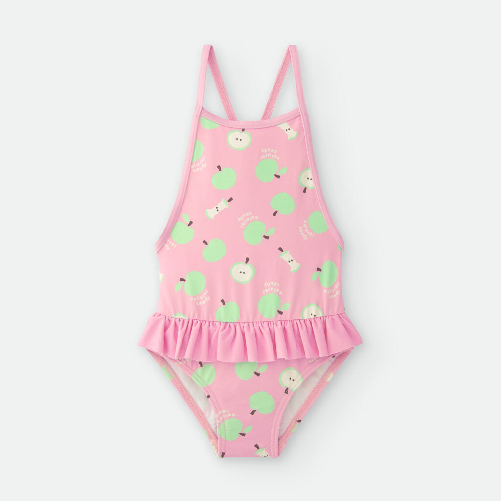 🍏 Bañador rosa con manzanas verdes, volante y espalda cruzada – Waterlemon