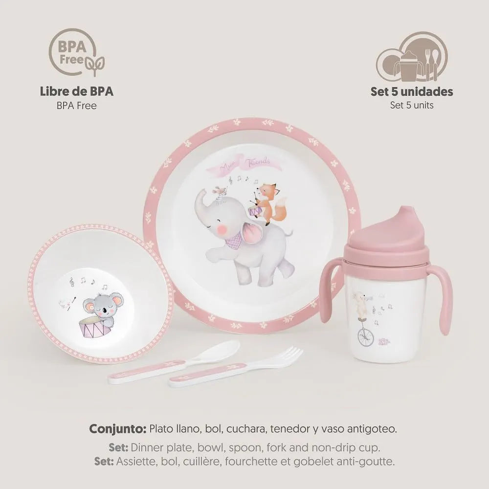 Set de vajilla de aprendizaje 5 piezas Interbaby – seguro, divertido y ergonómico para bebés en color rosa