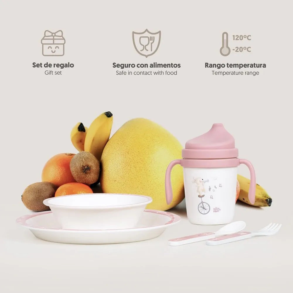 Set de vajilla de aprendizaje 5 piezas Interbaby – seguro, divertido y ergonómico para bebés en color rosa