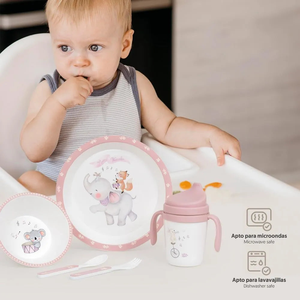 Set de vajilla de aprendizaje 5 piezas Interbaby – seguro, divertido y ergonómico para bebés en color rosa