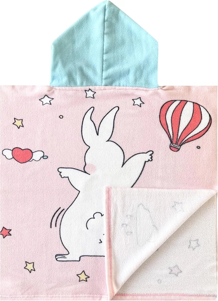 Toalla poncho con gorro para niña – Conejito rosa | Suave, ligera y de secado rápido (60x120 cm)