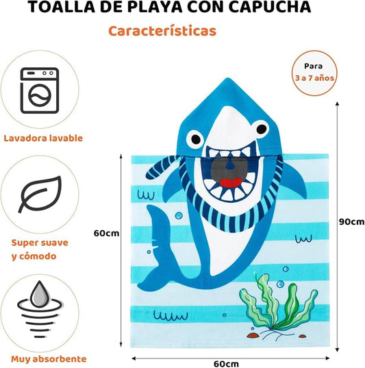 Toalla poncho con gorro para niño – Tiburón divertido azul | Ligera, llamativa y de secado rápido (60x120 cm)