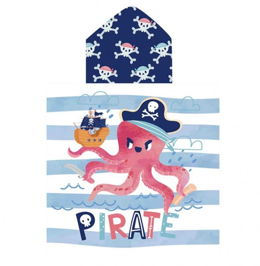 Toalla poncho con gorro para niño – Pulpo pirata | Ligera, divertida y de secado rápido (60x120 cm