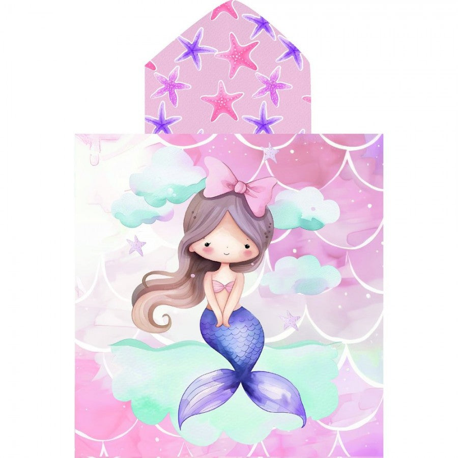 Toalla poncho con gorro para niña de Sirena| Ligera, divertida y de secado rápido (60x120 cm)