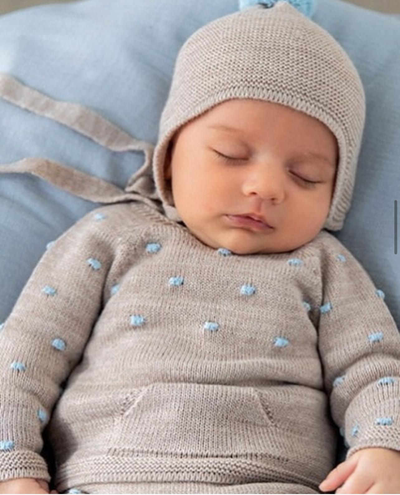 Conjunto bebé 4 Piezas Mac Ilusión | Primera Puesta Unisex de Lana Marrón con Detalles en Azul