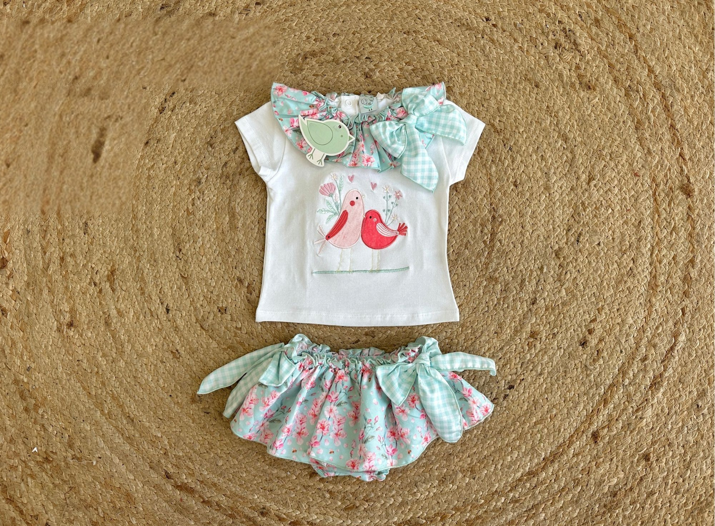 Conjunto Niña Pájaros con Maxicuello y Falda Cubrepañal