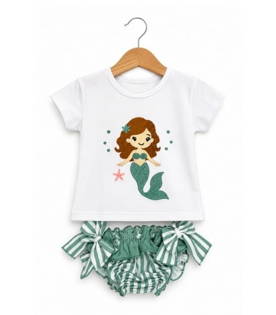 Bañador de Dos Piezas para Niña – Sirena Bordada & Rayas Verde Agua