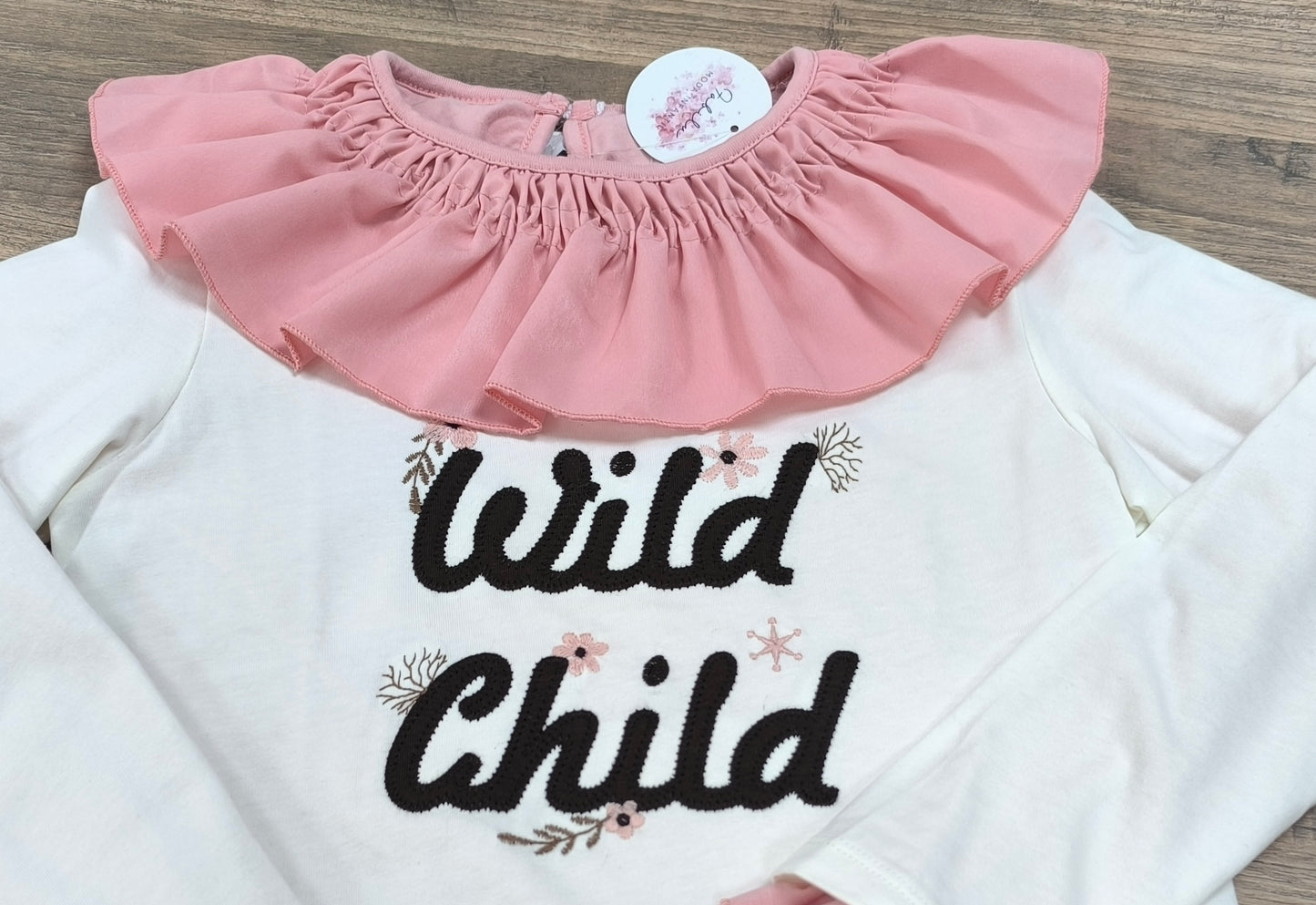 Camiseta de niña rosa de manga larga con cuello volante (12 meses a 8 años)
