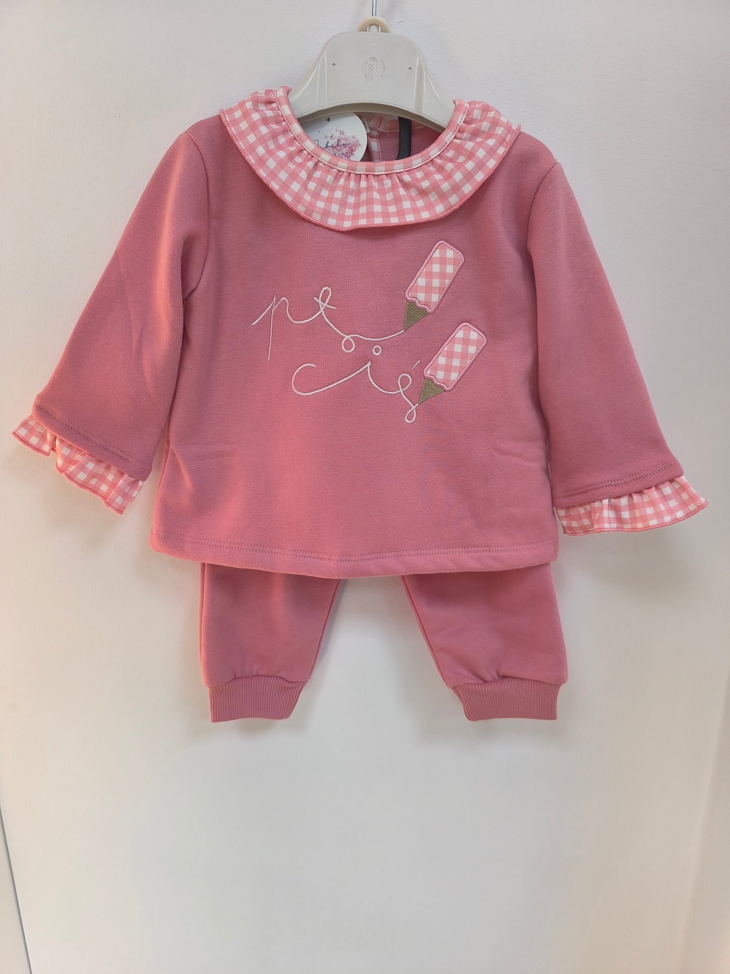 Conjunto de chándal rosa para bebé y niña – con volantes Vichy y dibujo de lápiz bordado (12 a 48 meses)