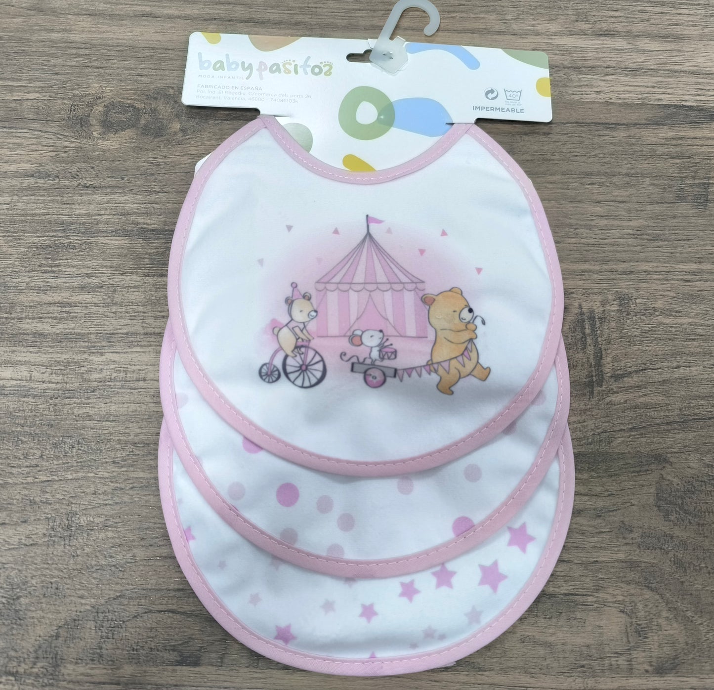 Pack de 3 baberos Babypasitos – 100% algodón, plastificados, desde 0 meses