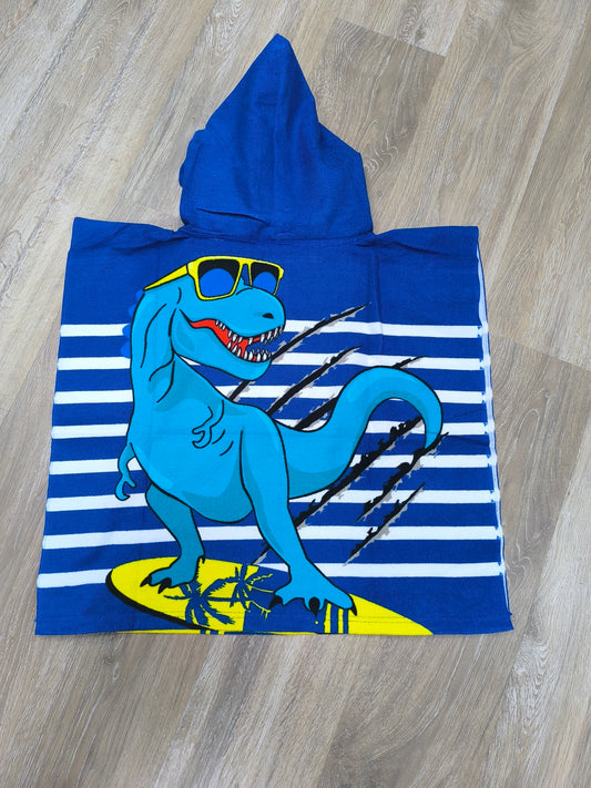 Toalla poncho con gorro para niño – T. rex surfista azul | Ligera, divertida y de secado rápido (60x120 cm)