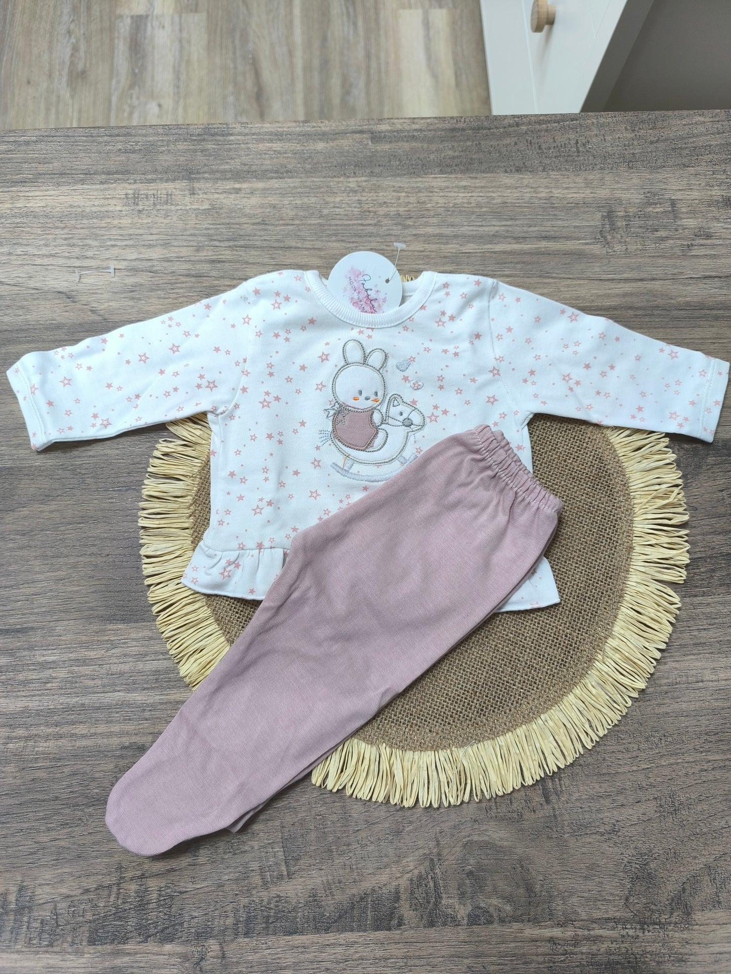 Conjunto de primera puesta para bebé de 2 piezas en algodón | Estampado conejito | Polaina amarilla | Marca Tony Bambino
