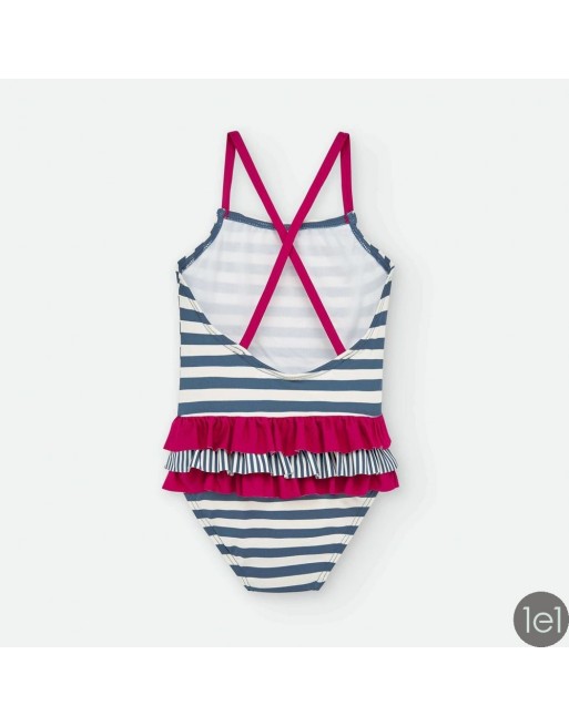 Bañador Niña Waterlemon Rayas Blanco y Azul Marino con Volantes Rojos – Tirantes Cruzados