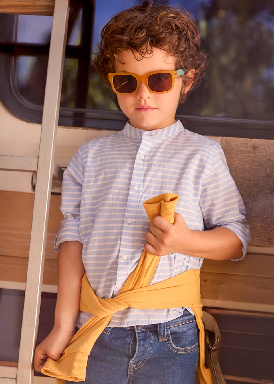 Camisa manga larga rayas cuello mao niño color Cielo
