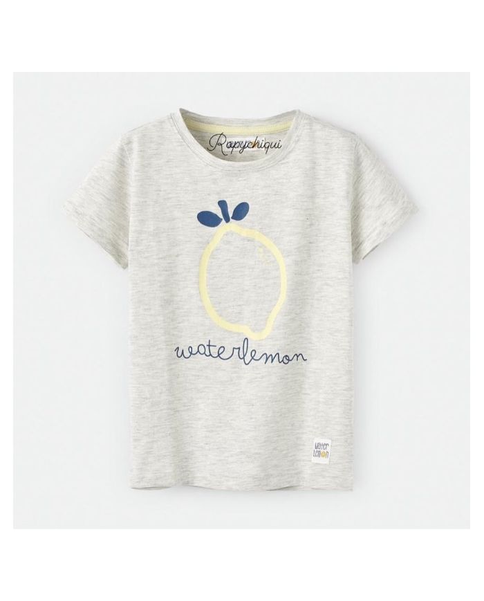 Camiseta infantil de manga corta en gris con estampado de limón | Marca Waterlemon