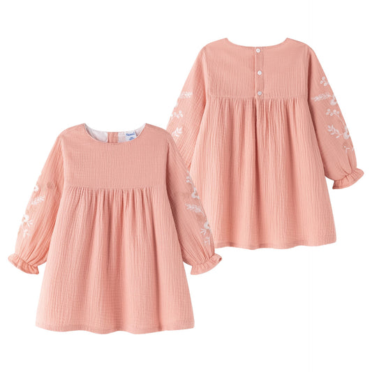 Vestido Bordado de Bambula Color Salmón Rosado  I 100% Algodón