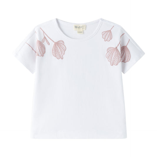Camiseta blanca de niña con flores rosas | 100% Algodón