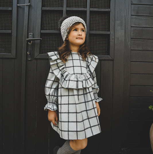 Vestido color celestón de niña manga larga con volante  – Cocote