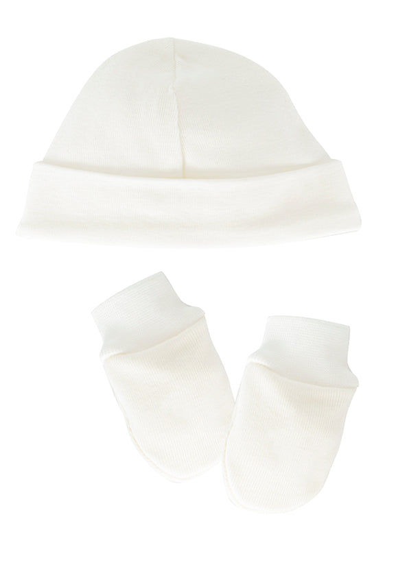 Pack de nacimiento Calamaro | Gorro y manoplas color crudo | 100% algodón para bebés de 0 a 6 meses