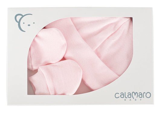 Pack de nacimiento Calamaro | Gorro y manoplas rosas | 100% algodón para bebés de 0 a 6 meses