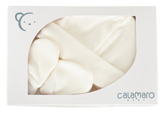 Pack de nacimiento Calamaro | Gorro y manoplas color crudo | 100% algodón para bebés de 0 a 6 meses