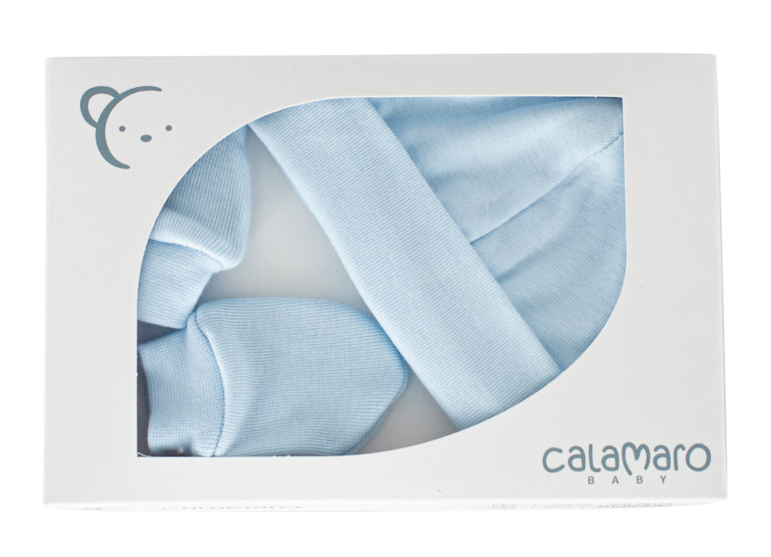 Pack de nacimiento Calamaro | Gorro y manoplas azul | 100% algodón para bebés de 0 a 6 meses