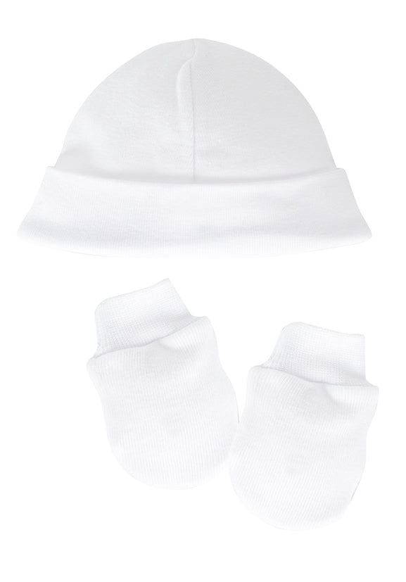 Pack de nacimiento Calamaro | Gorro y manoplas blancas | 100% algodón para bebés de 0 a 6 meses
