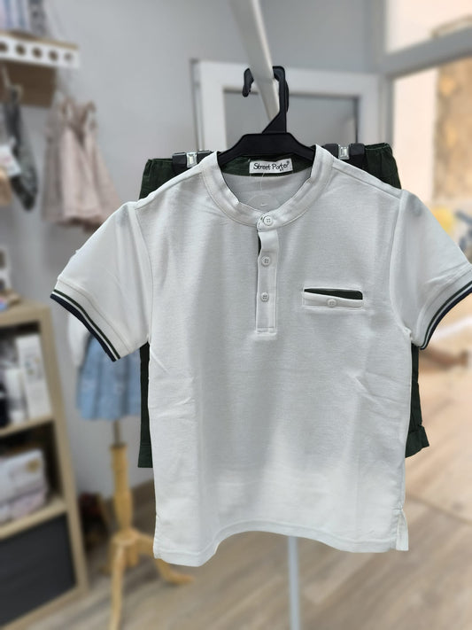Conjunto niño pantalón corto verde y polo blanco cuello mao