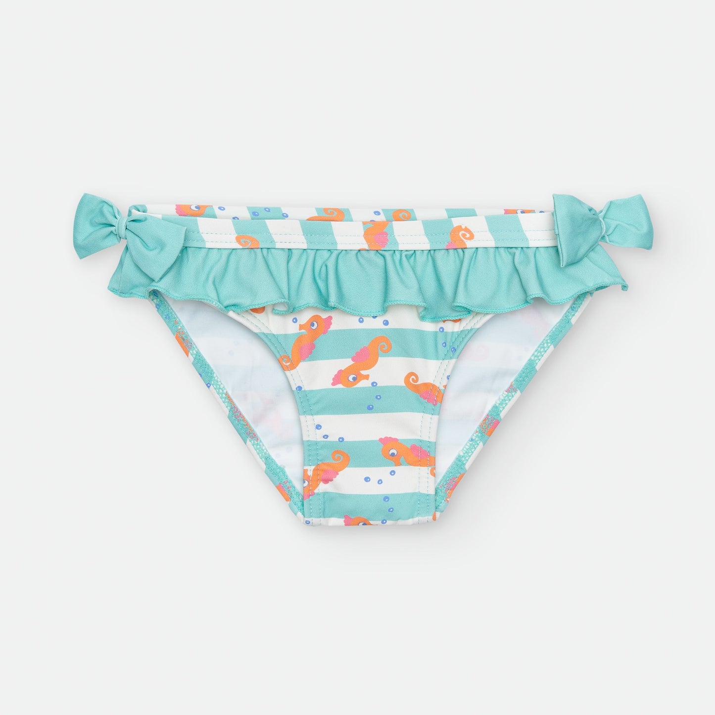 Bañador de Culetín para Niña Waterlemon – Rayas Azules y Blancas con Caballitos de Mar Naranja y Lazos Laterales
