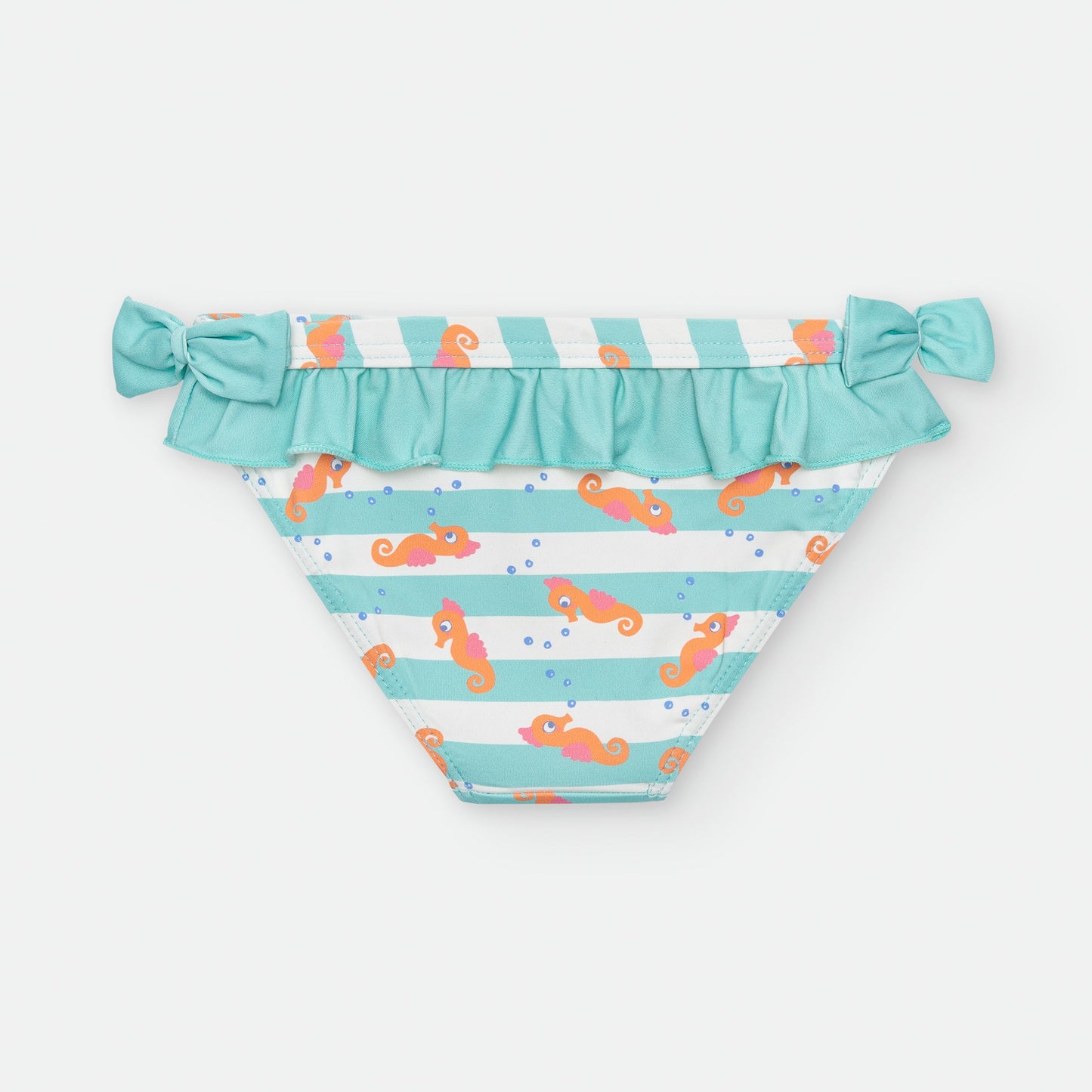 Bañador de Culetín para Niña Waterlemon – Rayas Azules y Blancas con Caballitos de Mar Naranja y Lazos Laterales