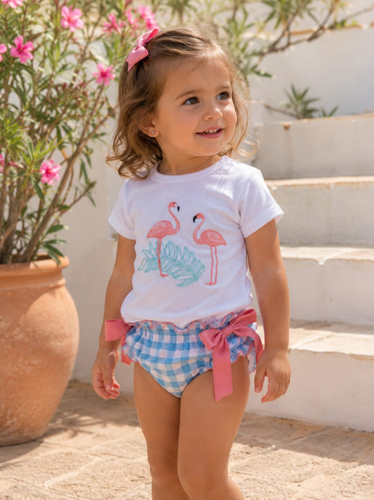 Conjunto de baño para niña con flamencos rosas y culetín vichy verde agua