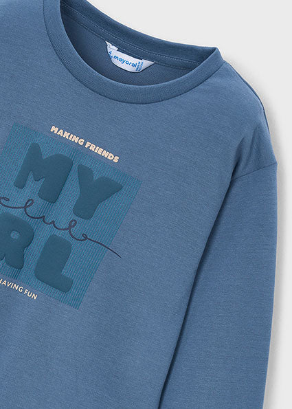 Camiseta Básica de Manga Larga Azul Glaciar para Niño