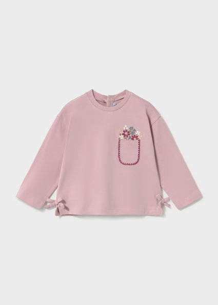 Camiseta de Manga Larga para Niña en Color Malva con Detalle Floral