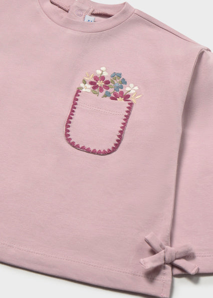 Camiseta de Manga Larga para Niña en Color Malva con Detalle Floral