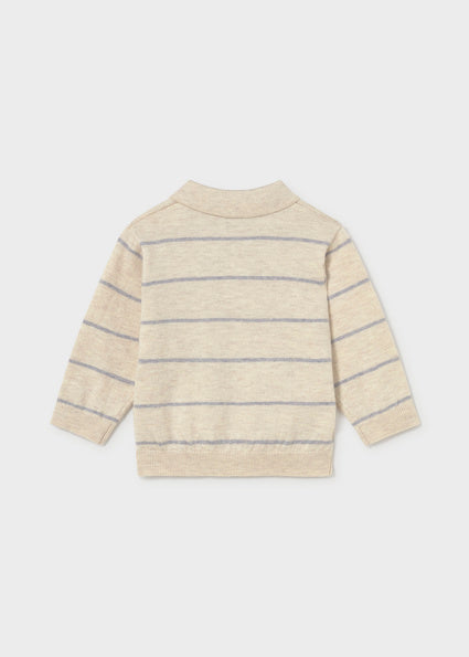 Polo de Tricot de Manga Larga en Piedra con Rayas Azules