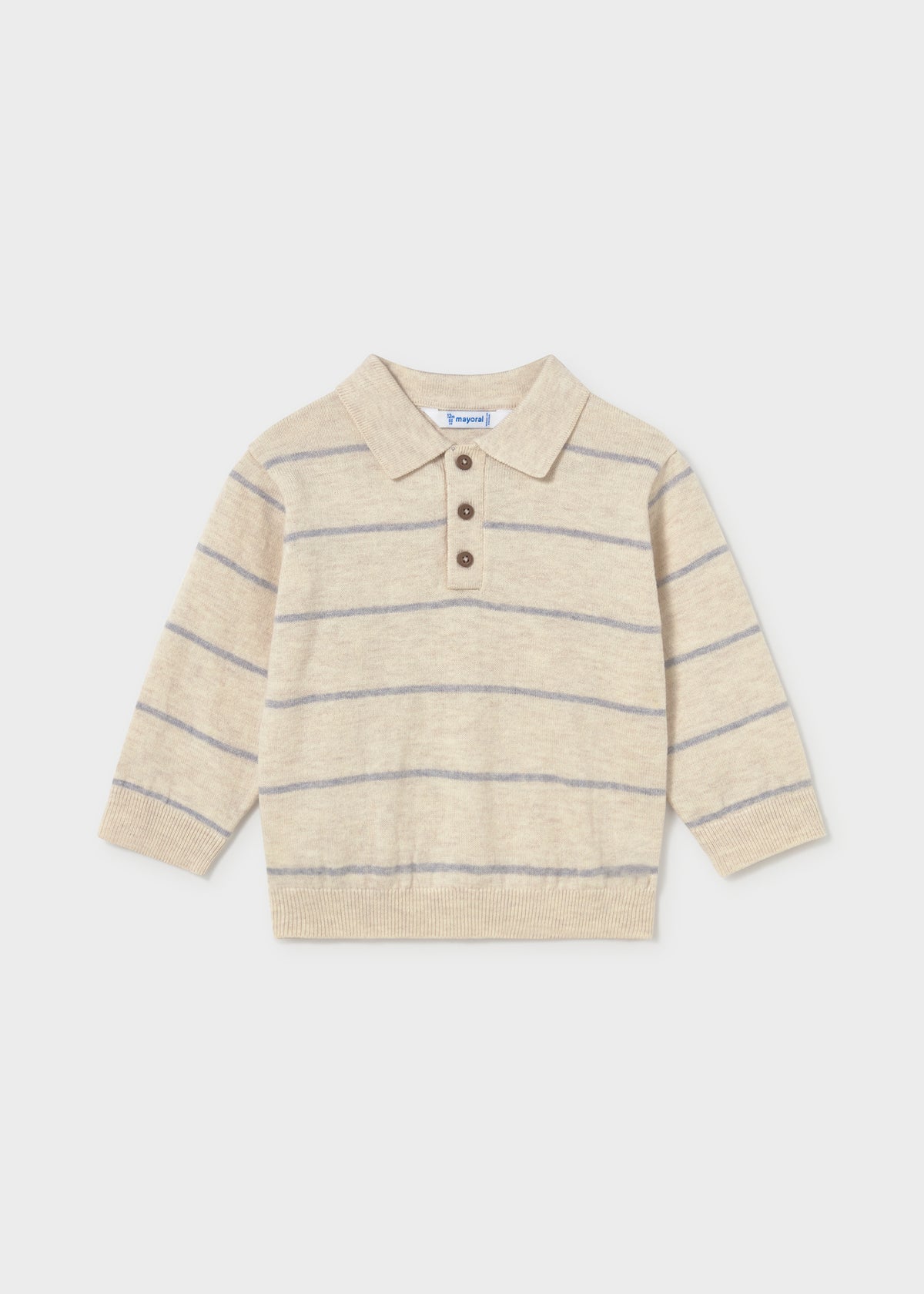 Polo de Tricot de Manga Larga en Piedra con Rayas Azules
