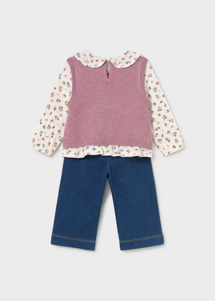 Conjunto Infantil Violeta -  Pantalón Vaquero y Camisa Floral con Chaleco de Lana