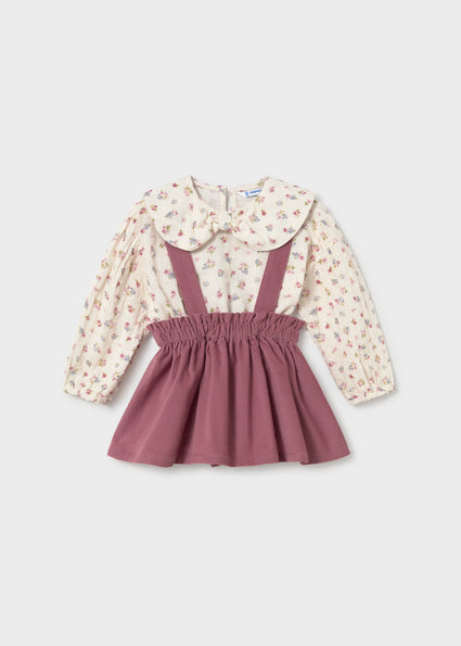 Conjunto Infantil de Falda con Tirantes y Camisa de Plumeti con Flores