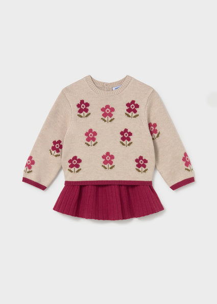 Conjunto Frambuesa, Jersey de Lana Beige de Flores y Falda Frambuesa
