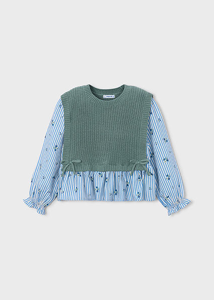 Camisa con Chaleco de Lana para Niña en Azul y Verde