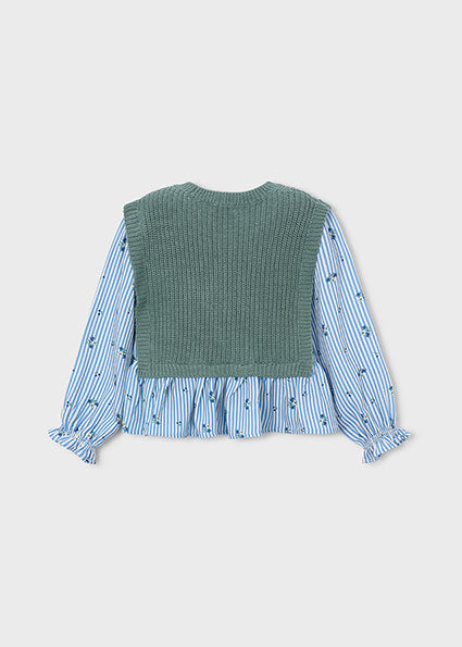 Camisa con Chaleco de Lana para Niña en Azul y Verde