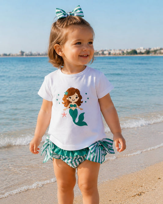 Bañador de Dos Piezas para Niña – Sirena Bordada & Rayas Verde Agua