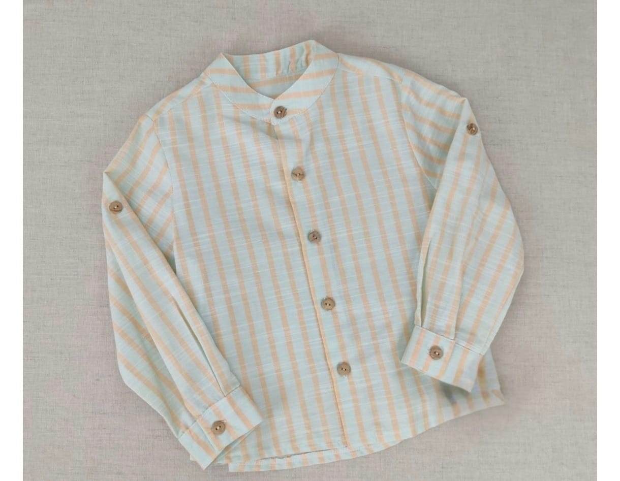 Camisa Piña Colada de Lino para Niño – Rayas Verde Agua y Mandarina | Cuello Mao